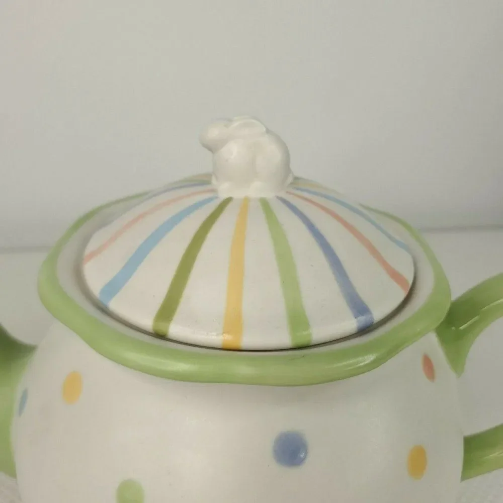 Demdaco Green White Polka Dot Teapot Bunny